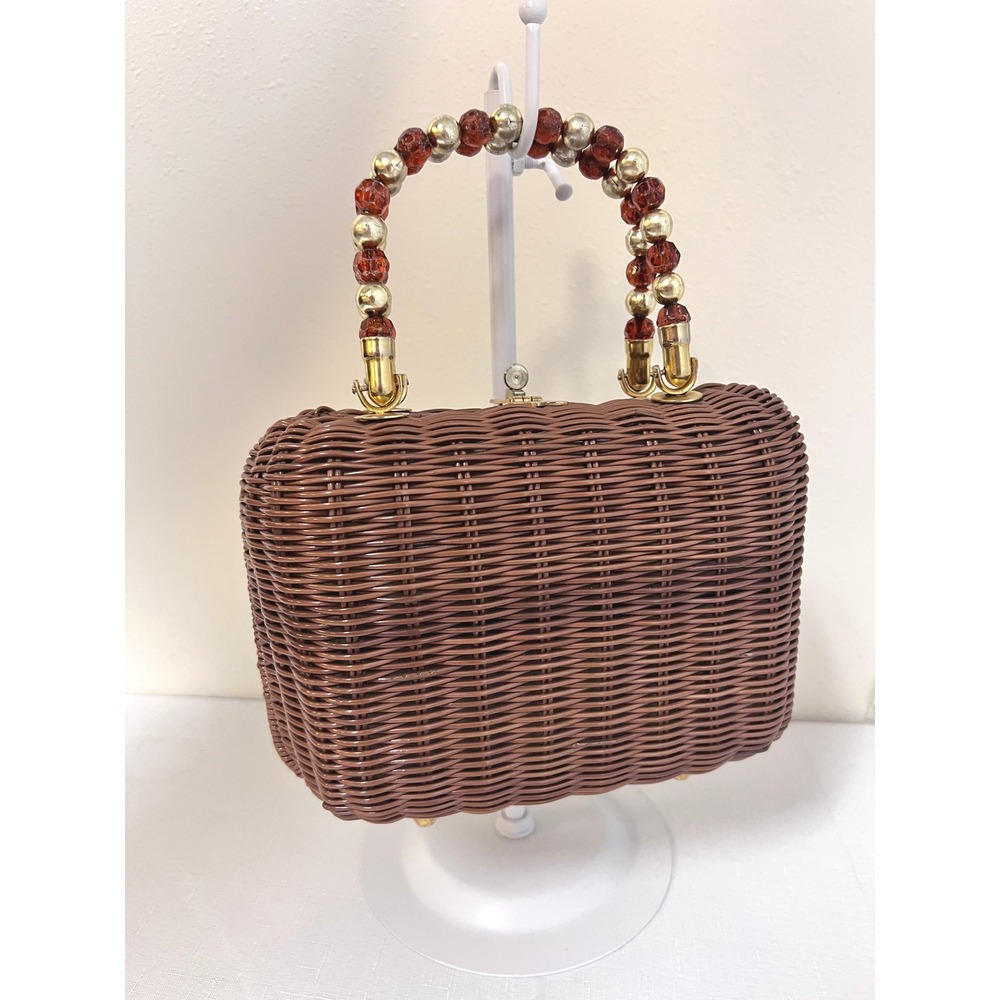 Walborg Wicker Handbag Women Small Brown Good Vintage Beaded Handle Rhinestone - Picture 5 of 12